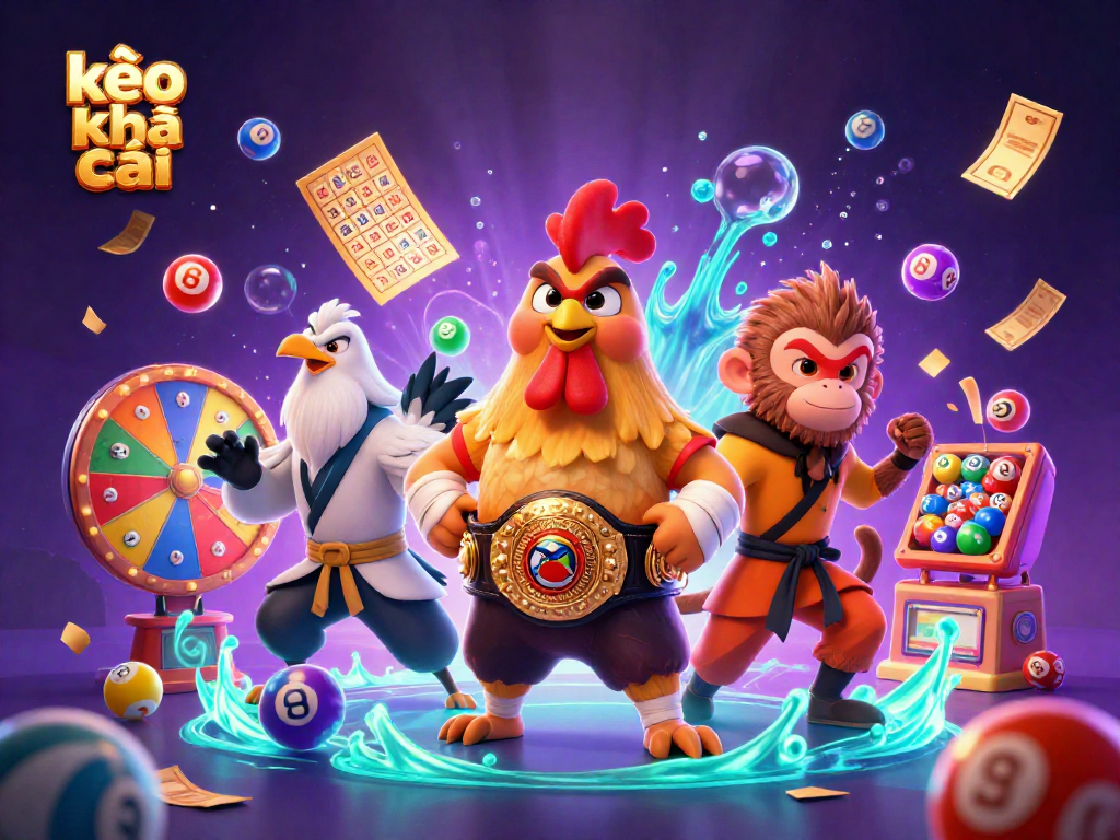 Engage with kèo nhà cái through a vivid, animated scene featuring a fighting rooster, a monkey martial artist, and a wise crane master.