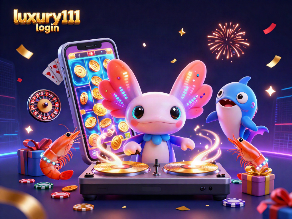 Experience luxury111 login with fun slots and vibrant creatures in a festive casino scene.