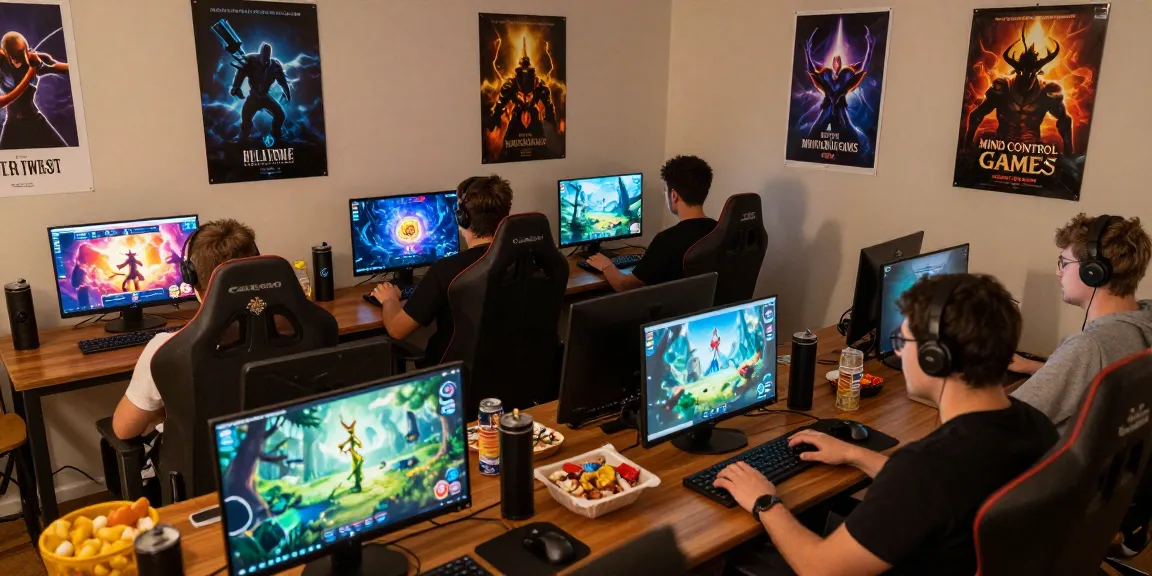 Mind control porn games being played by diverse group in cozy gaming room, showcasing vibrant screens and immersive experience.