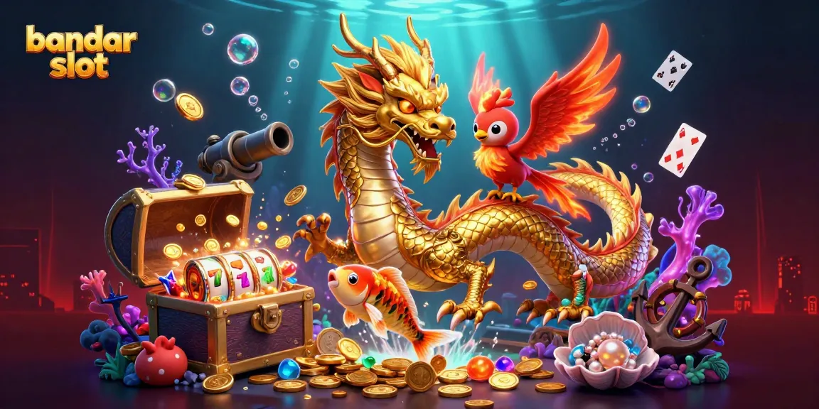 Mainkan game bandar slot seru dengan naga emas dan phoenix berapi dalam ilustrasi penuh warna.