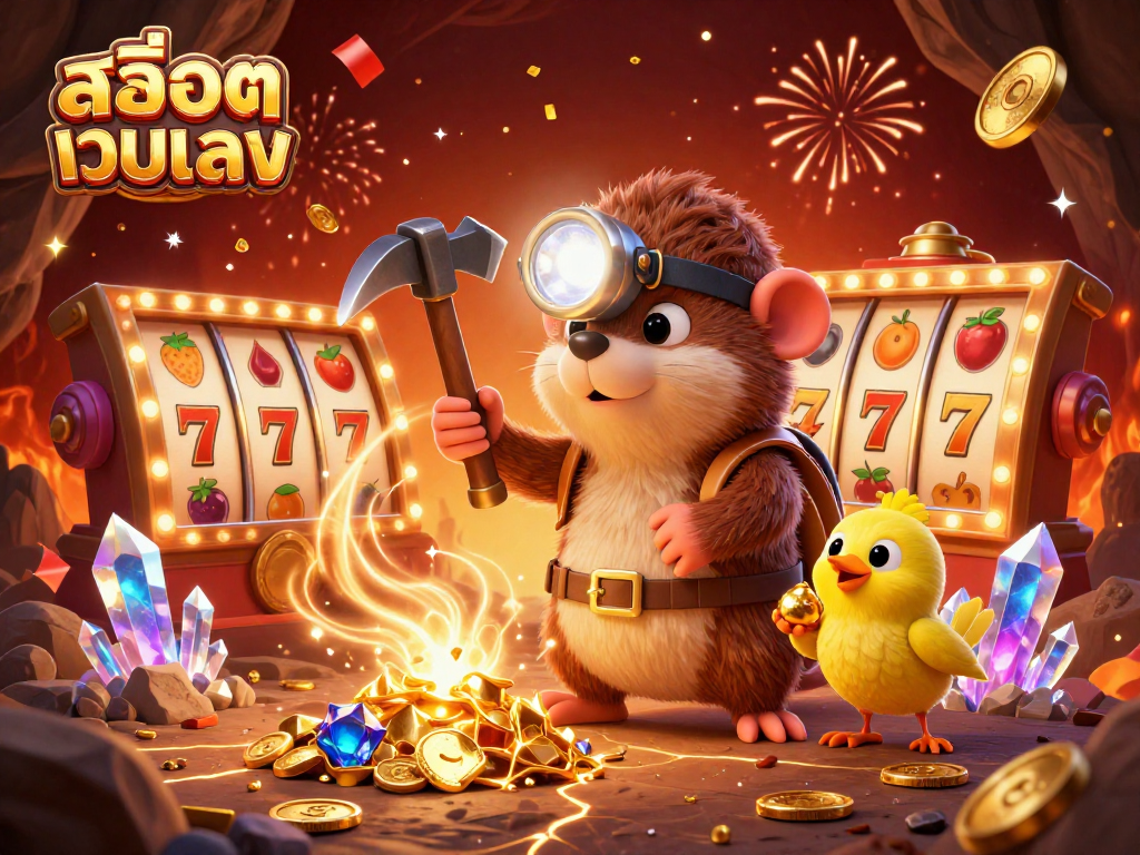 Experience the excitement of สล็อตเว็บตรง with games and treasure in this vibrant 3D scene.