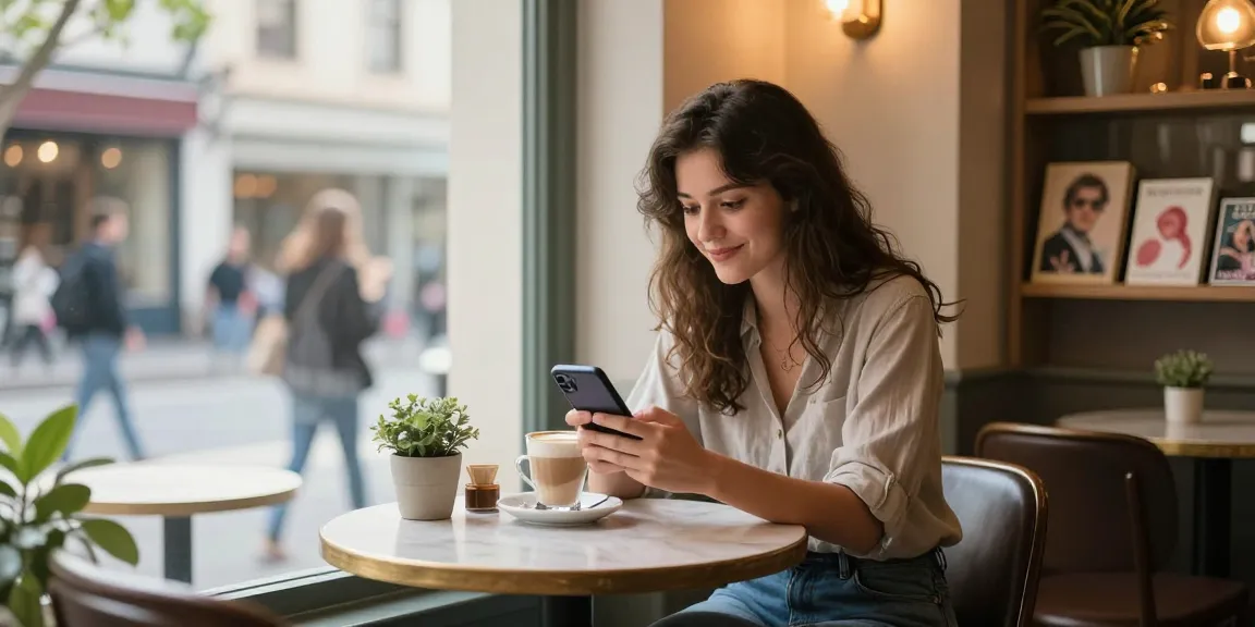 Young woman smiling at her phone after a message from her crush on a dating app in a cozy café.