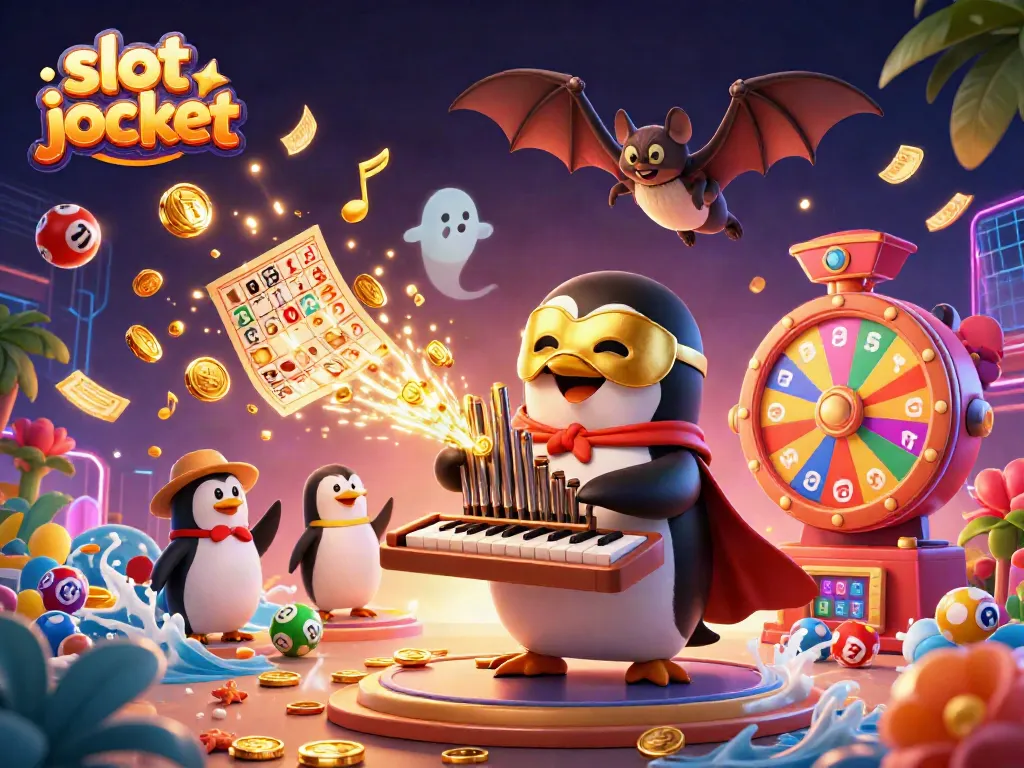 Spin to win with a slot jackpot as vibrant colorful elements and a cartoon penguin create energy.