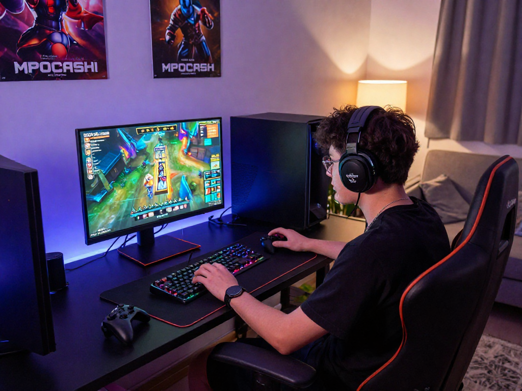 MPOCASH gaming experience showcasing an excited player engaged in an online session, with vibrant gaming setup elements.
