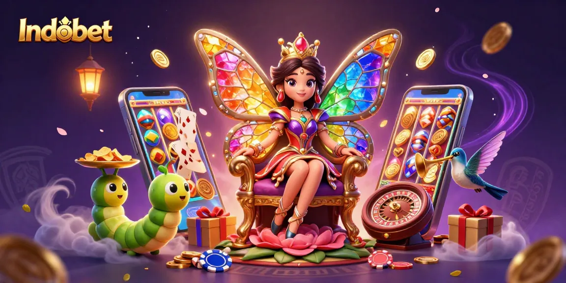 Menangkan lebih banyak di Indobet dengan ilustrasi kasino penuh warna dan beragam elemen permainan.