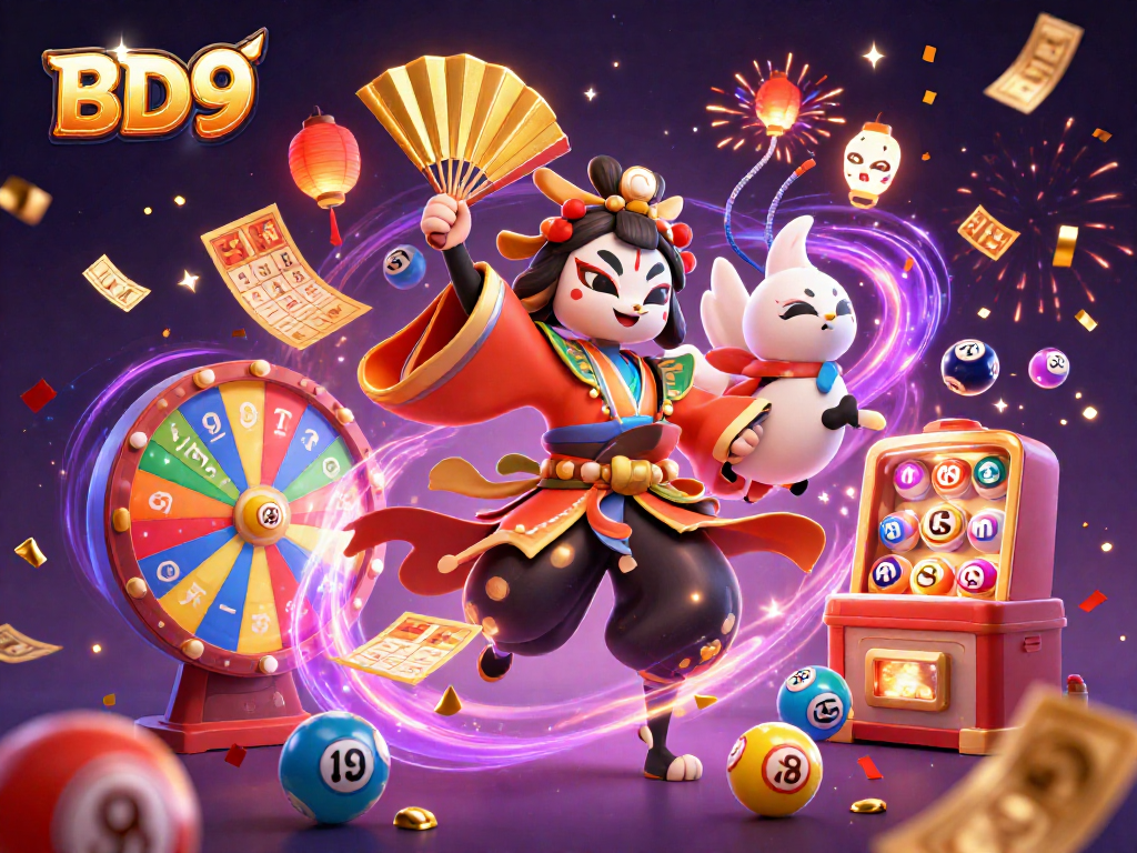 Engage with BD9's immersive gaming experience through colorful lottery elements and lively characters.