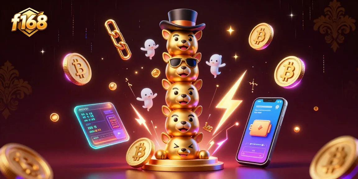 Experience thrilling gameplay at f168 with animated totem, neon coins, and crypto elements.