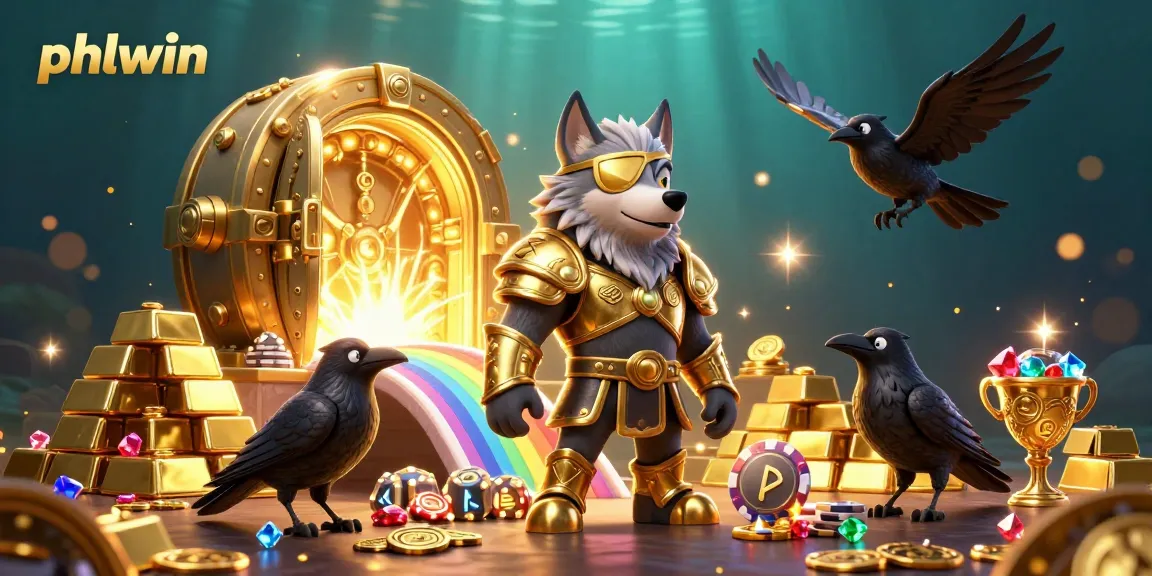 Play thrilling games at phlwin, featuring a majestic wolf and treasures from a golden casino.