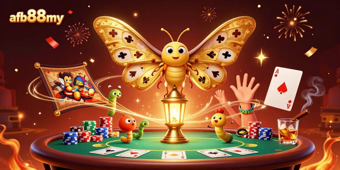 Join afb88my in a vibrant casino scene featuring a moth with golden wings and poker elements.