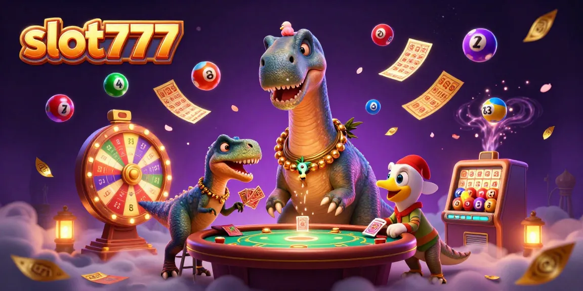 Slot777 menampilkan ilustrasi kasino 3D dengan dinosaurus menyita perhatian, kasino penuh warna.