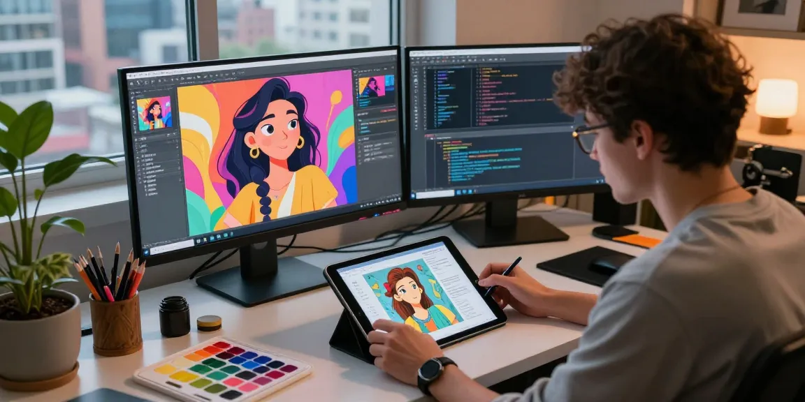 Vibrant digital art studio scene of NSFW AI character creation with artist focused on tablet, showcasing innovative design elements.