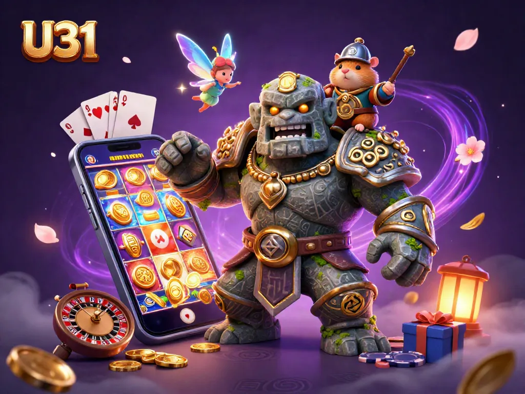 Play exciting casino games and win with U31 illustrated scene showcasing captivating characters and vibrant game elements.