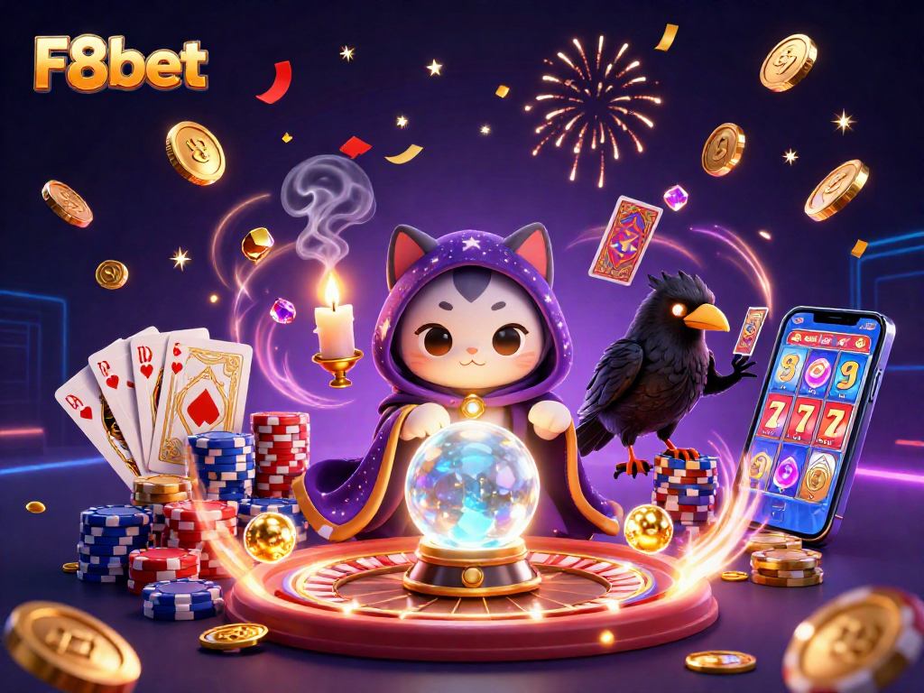 Experience thrilling gaming with F8bet featuring a mystical scene of fortune teller cat, tarot raven, and more.
