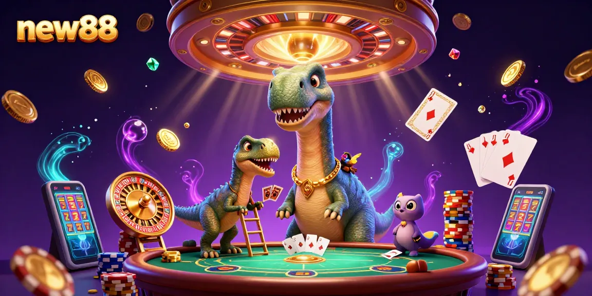 Experience thrilling gambling action at new88 with a cartoon brontosaurus and raptor dealer in this vibrant casino scene.