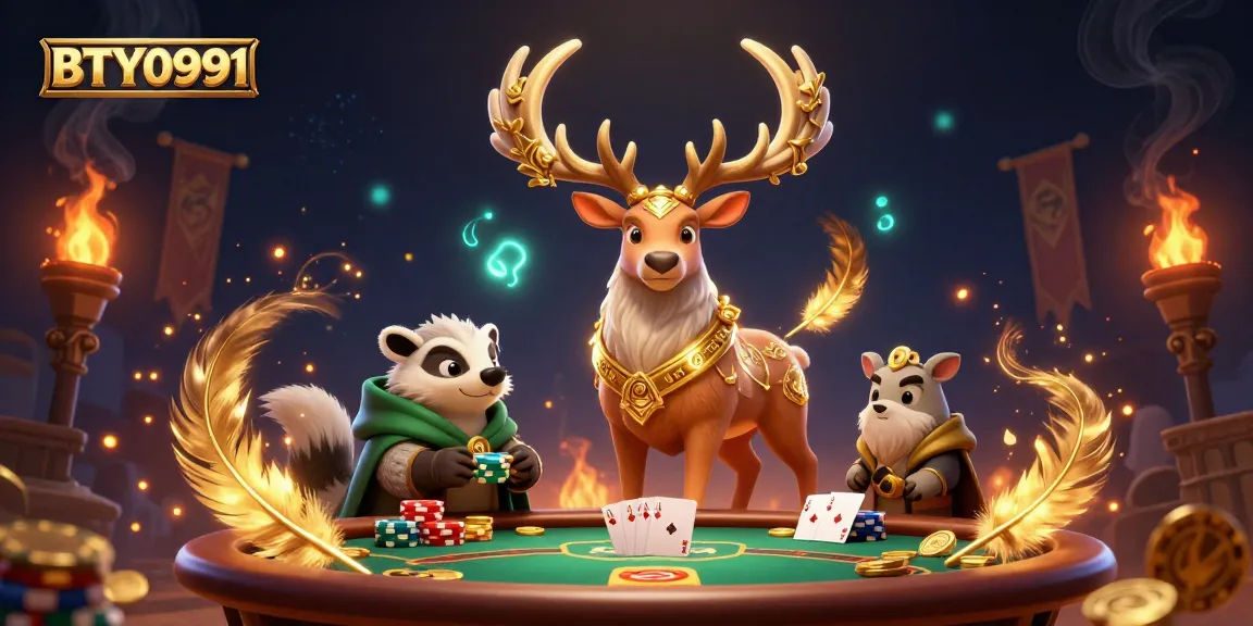 Experience thrilling poker action with BTY0991 featuring a druid stag and badger in a magical casino.