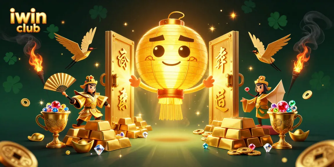 Play exciting games at iwin club featuring a glowing spirit, treasure vaults, and vibrant gold elements