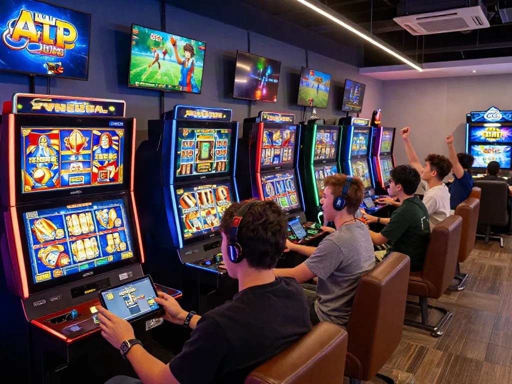 Players enjoying slot jackpot games in a vibrant online gaming environment filled with excitement and colorful virtual machines.