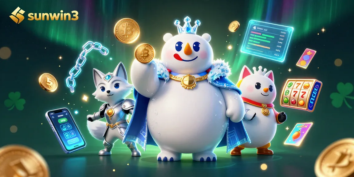 Engage in thrilling gameplay at sunwin3 with a vibrant 3D casino scene featuring characters and crypto elements.
