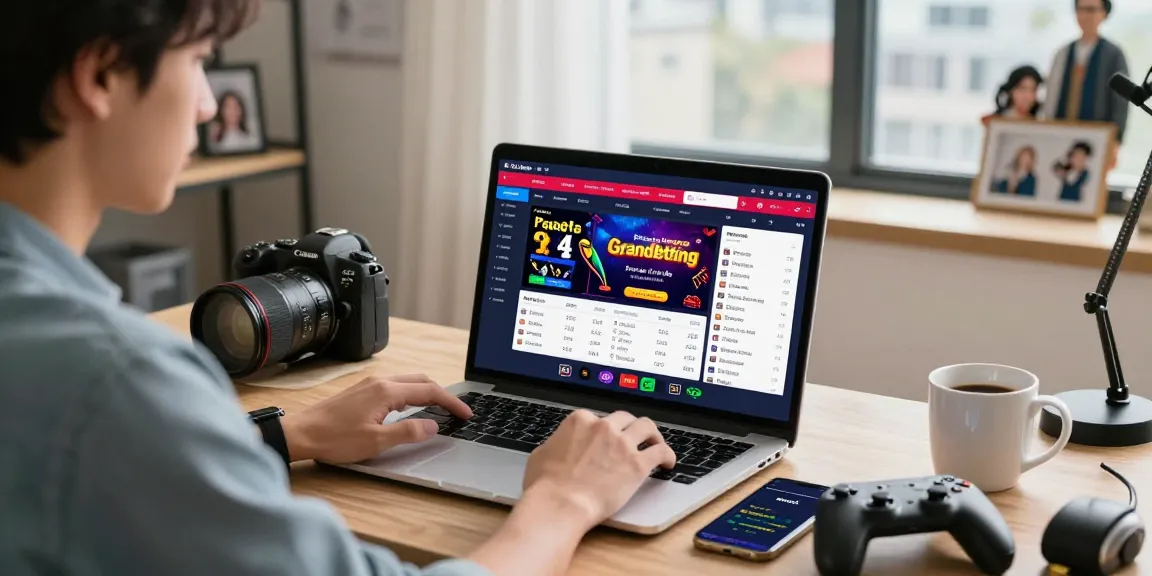 Engaged user exploring Grandbetting online betting options in a cozy home office.