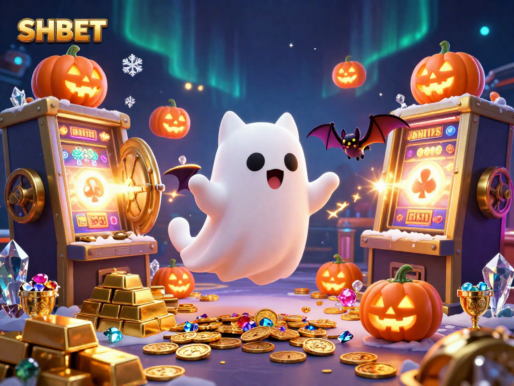 Engaging scene of SHBET featuring a ghost cat and vampire bat in a lively casino filled with treasures.