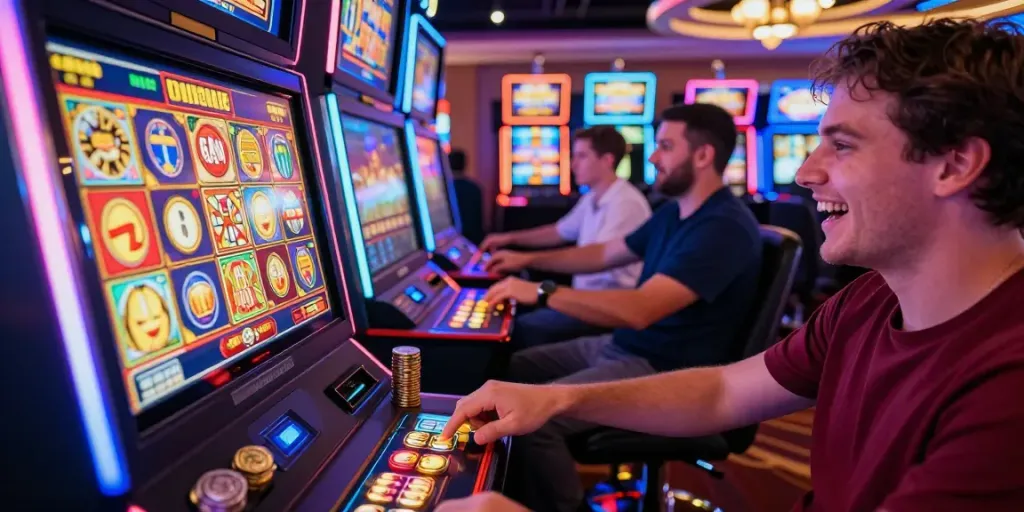 Excited player enjoying ทดลองสล็อต at a vibrant casino slot machine.