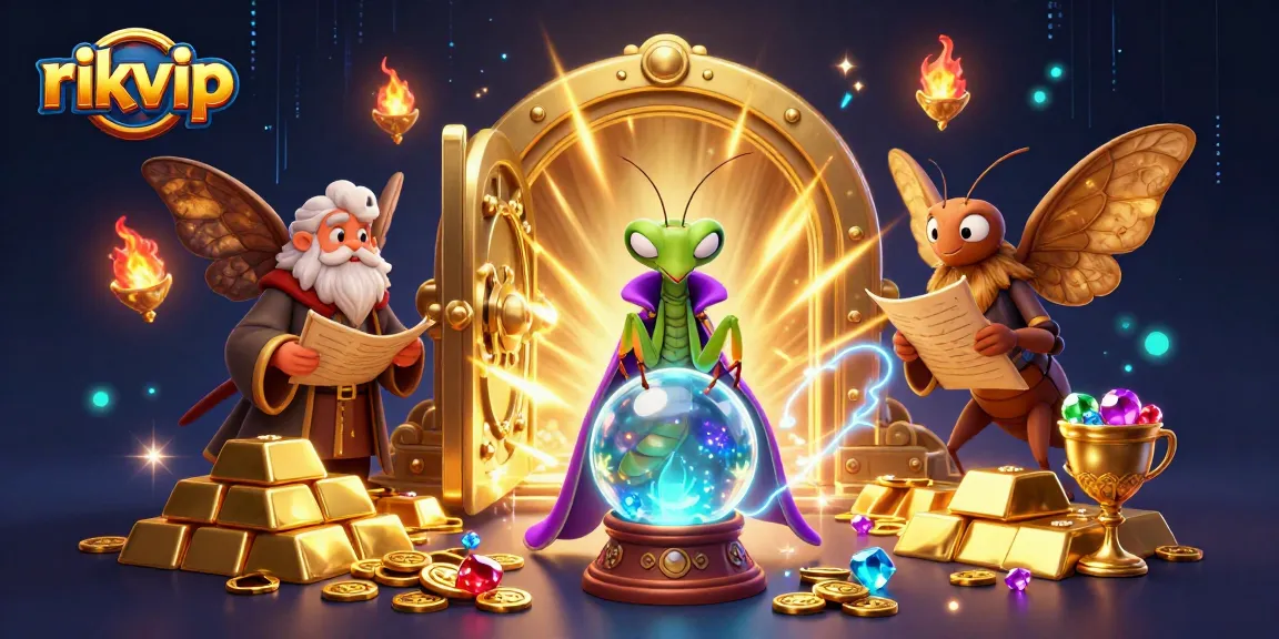 Win big with rikvip as a praying mantis fortune teller unveils treasures in an enchanting casino scene.