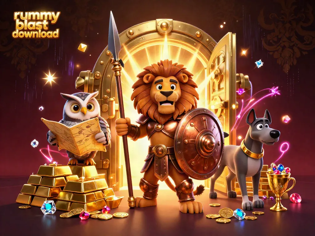 Experience the thrill of rummy blast download with a vibrant 3D illustration of characters and treasures.