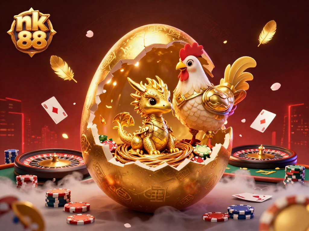 Experience thrilling moments with nk 88's glowing baby dragon and poker chips in a vibrant casino setting.