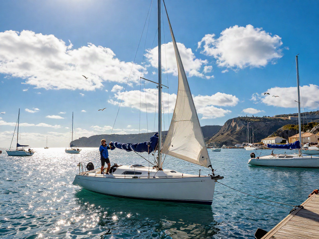 Sailor adjusting sails on a sleek sailboat, experiencing the thrill of slot 5k adventure at the marina.
