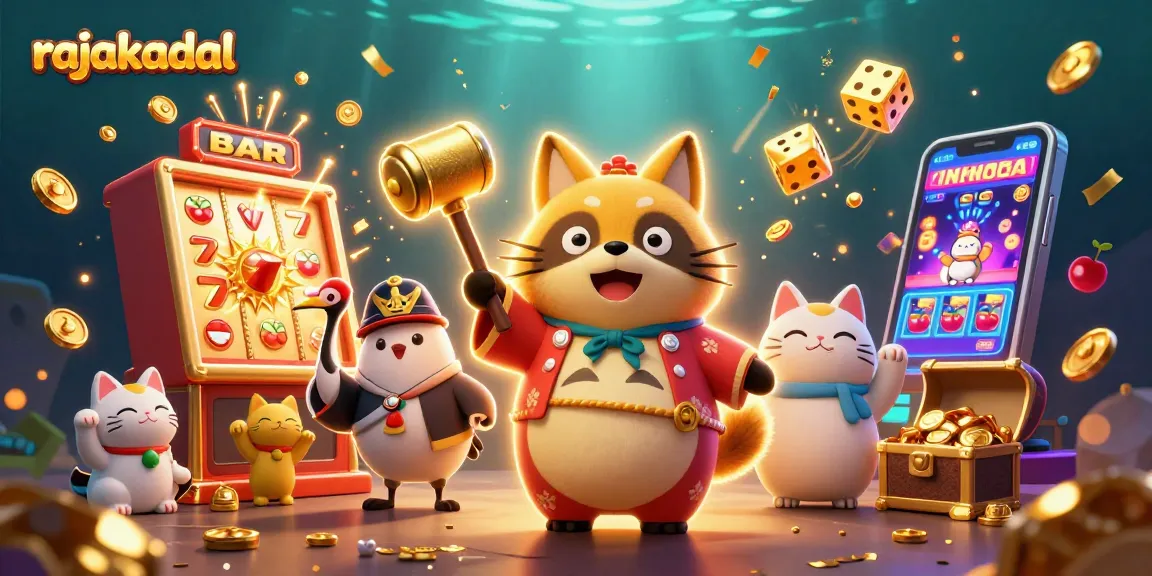 Slot jackpot rajakadal yang penuh warna dengan karakter bahagia di tengah permainan kasino