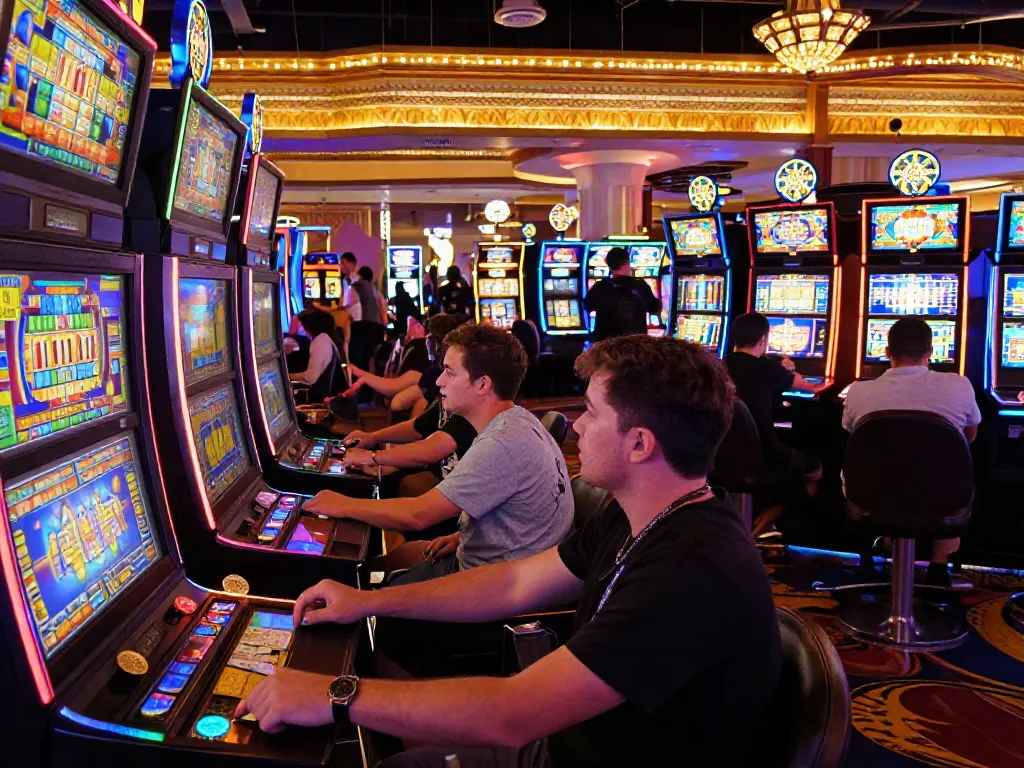Engaging casino scene with players at slot machines, colorful lights, and excitement.
