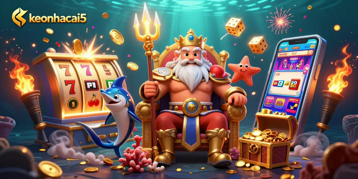 Players explore exciting wins with keonhacai5, featuring a vibrant underwater casino scene brimming with game elements.