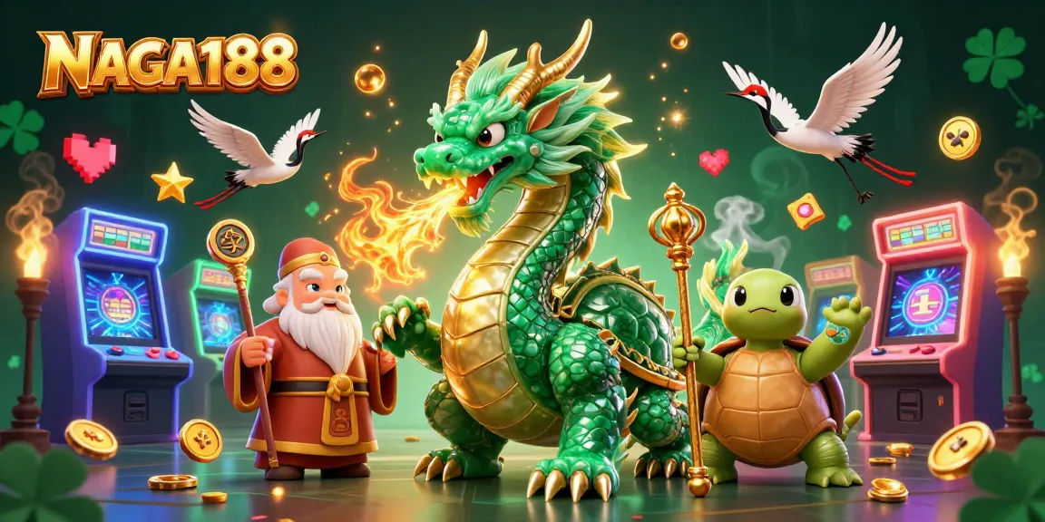 NAGA188 memberi pengalaman bermain dengan karakter unggul di kasino online, dikelilingi mesin arcade yang berwarna-warni.