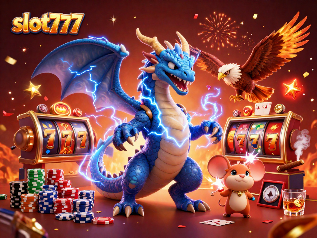 Gambarlah slot777 dengan naga energik dan simbol keberuntungan yang memikat.