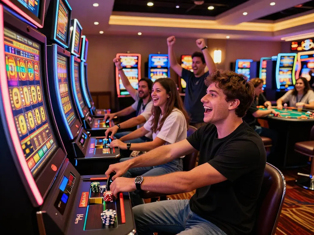 Lucky777 slot machine win celebration with friends in a vibrant casino atmosphere.