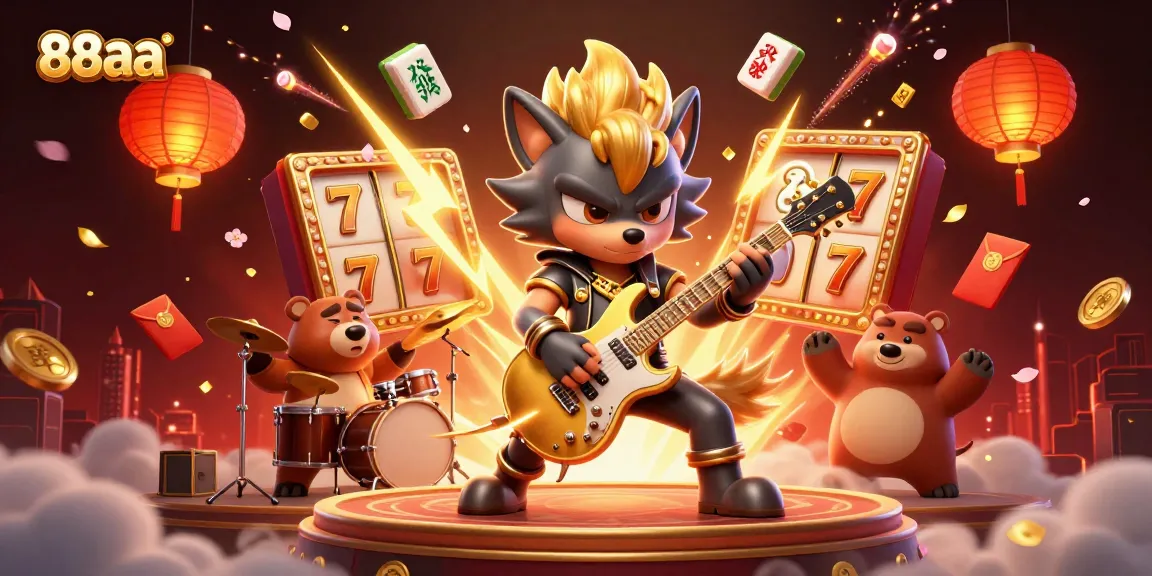 88aa showcases a vibrant casino scene with a wolf rock star shredding guitar, symbolizing winning strategies.