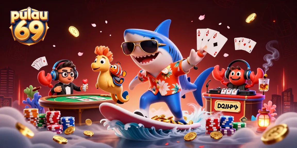 Experience pulau 69 with a vibrant casino scene featuring a cartoon hammer-head shark and poker elements.