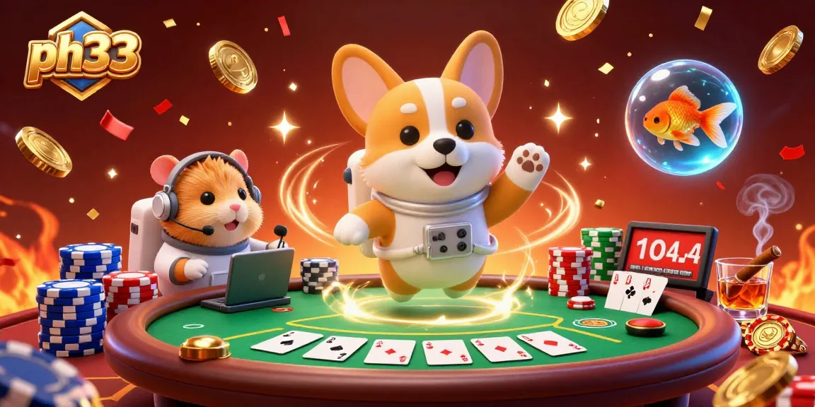 -Floating corgi in space station casino scene with ph33, golden poker chips, and animated fun elements
