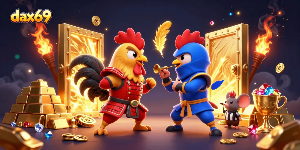 dax69 menghadirkan duel spektakuler antara ayam pejantan bertarung dalam arena perjudian, dengan harta karun yang melimpah di sekitarnya.