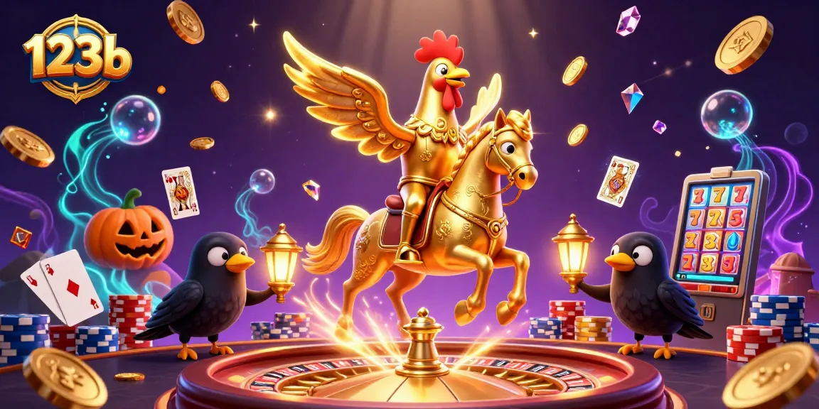 Experience exciting wins at 123b with vibrant scenes of casino fun and festive golden symbolism.