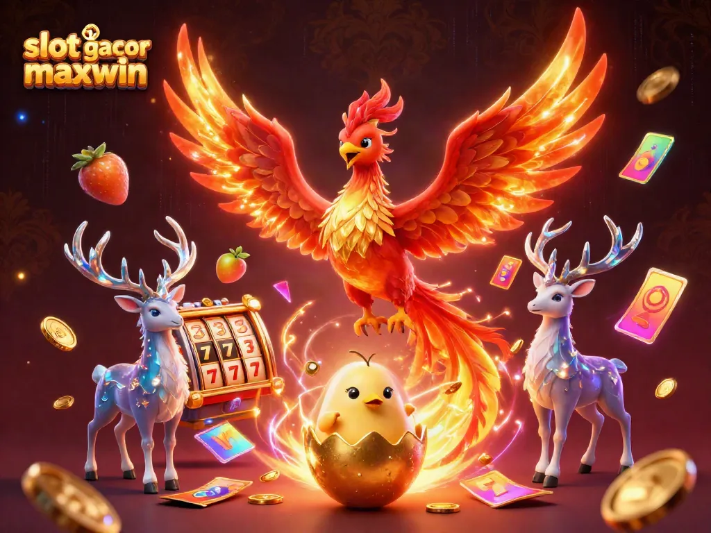 Mainkan slot gacor maxwin dengan phoenix berapi dan simbol jackpot dalam ilustrasi 3D berwarna-warni.