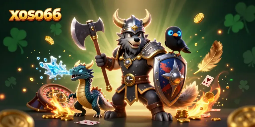 Experience thrilling gameplay with xoso66 as a Viking wolf and ice dragon unite in a rich casino scene.