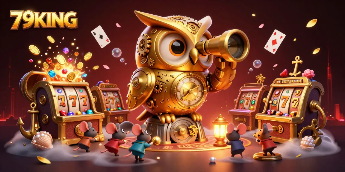 Experience the thrill of 79KING with a vibrant illustration of a golden owl overseeing a crowded casino.