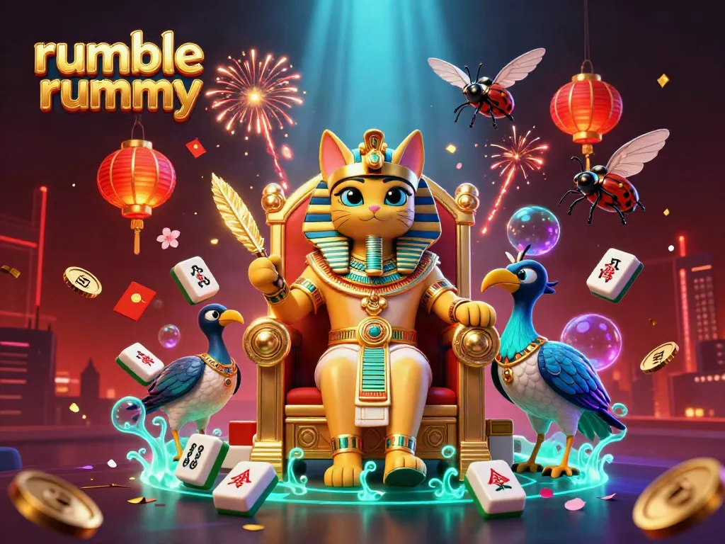 Engage in Rumble Rummy with a vibrant scene featuring a golden throne, dynamic game elements, and animated characters.