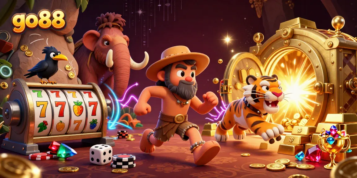 Engage with go88's vibrant casino scene showcasing a caveman and sabertooth tiger amidst stone poker chips and slot machines.