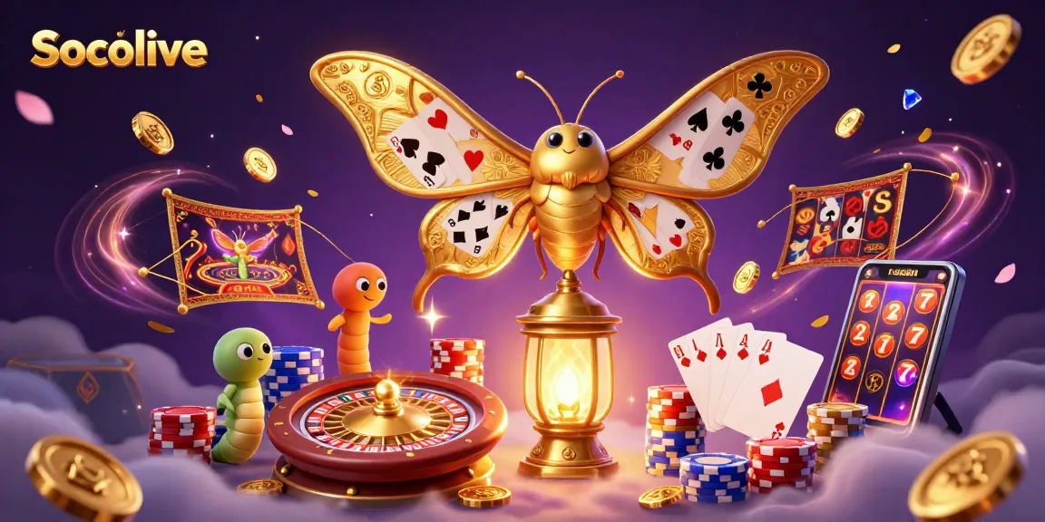 Socolive showcases a vibrant 3D illustration featuring a majestic moth and casino scenes bursting with energy.