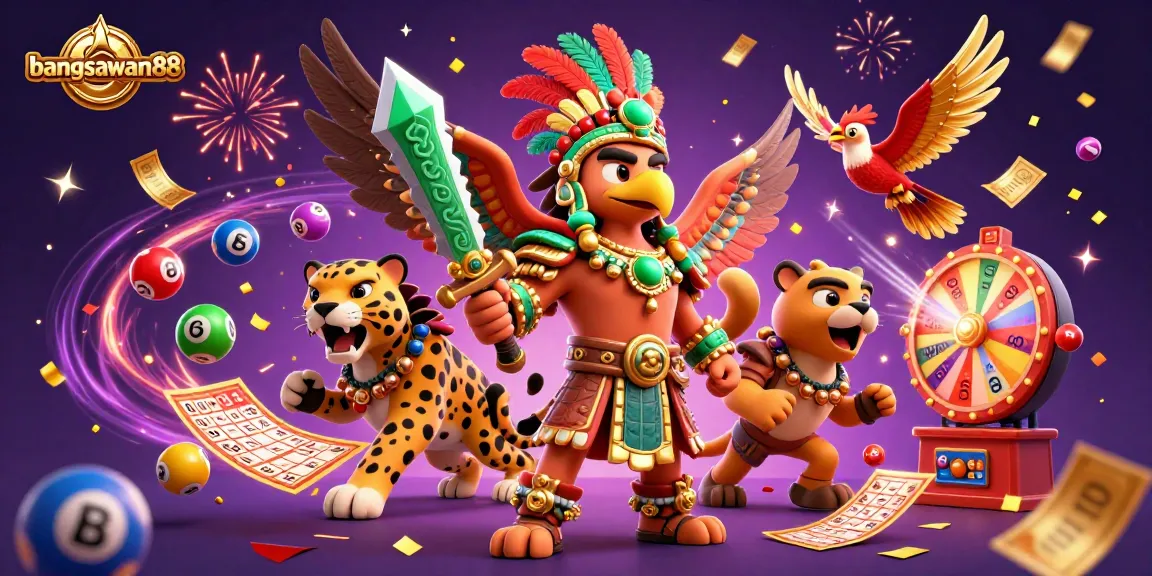 Experience the energy of bangsawan88 as the Aztec warriors celebrate with vibrant lottery elements.