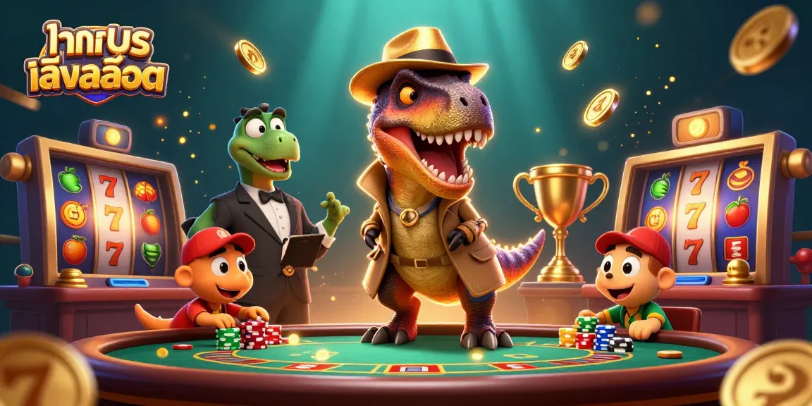 Engage in ทดลองเล่นสล็อต with a vibrant 3D illustration featuring colorful slot elements and cartoon characters.