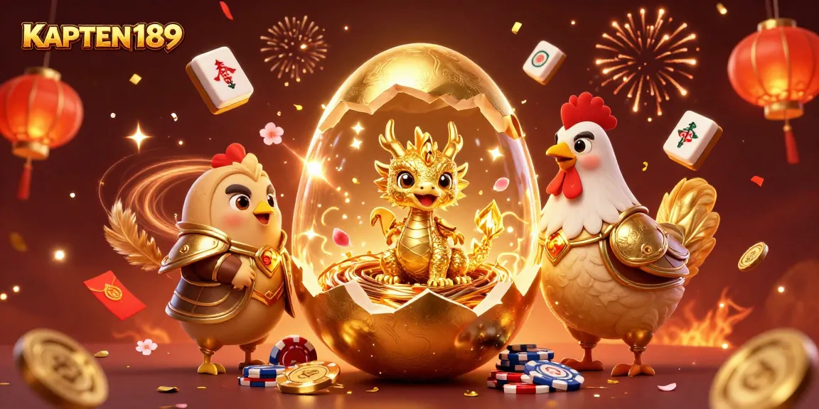 KAPTEN189 menyuguhkan aksi permainan dengan naga emas dan chip poker dalam suasana festival.