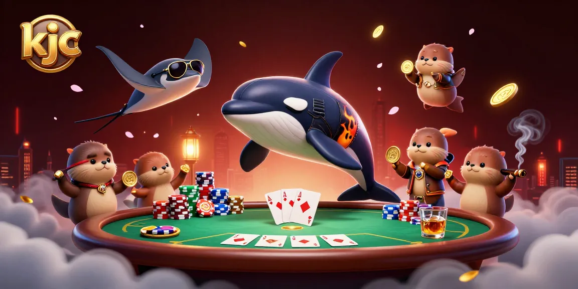 KJC's orca whale and stingray celebrate at a vibrant poker table, showcasing thrilling casino excitement.